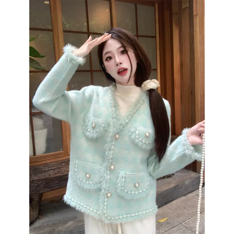 【小曹大码】小香风外套秋季新款遮肉宽松针织毛衣开衫女-YLB8739