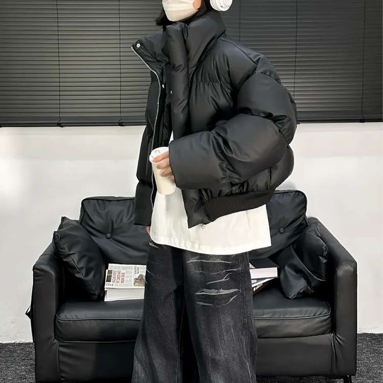 【糖糖麻麻】美式冬季复古PU皮宽松短款棉服男女立领小众高级加厚外套情侣棉衣