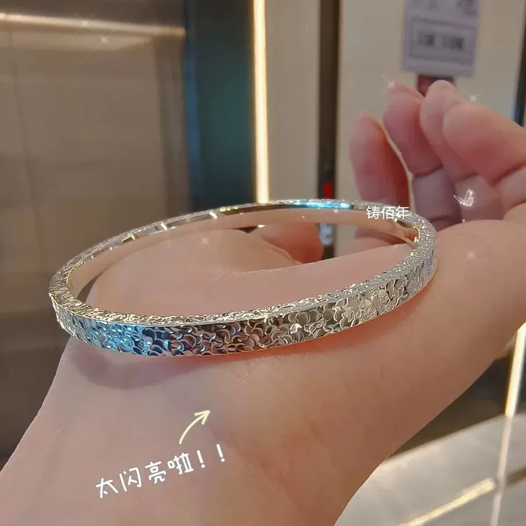 足银手镯 时尚足银999三面爆闪碎冰冰布灵布灵实心银手镯手工首饰