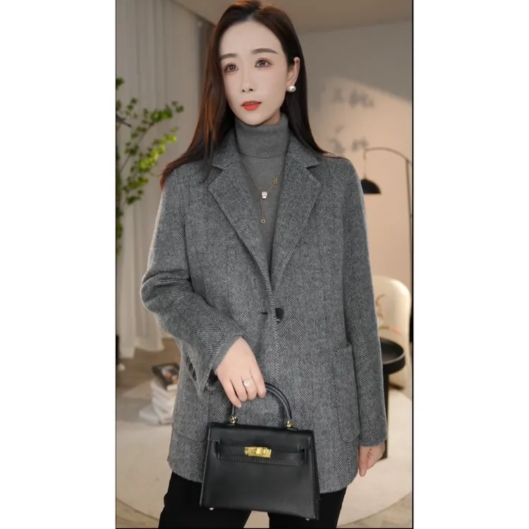 【杨杨专属】曼贝高端人字纹100%澳毛双面毛呢大衣冬时尚8384125