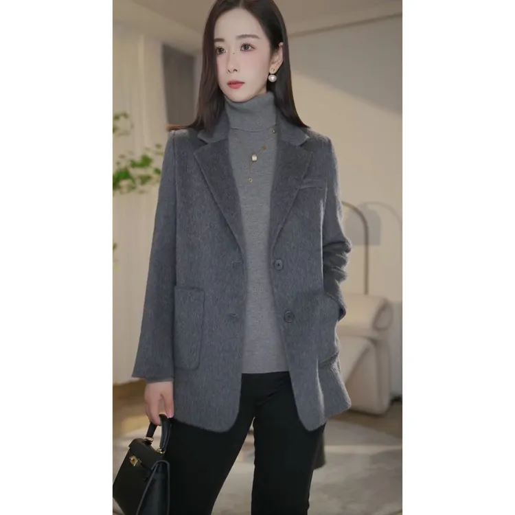 【杨杨专属】曼贝秋冬新款高端百搭时尚双面羊毛大衣8484013烟灰色