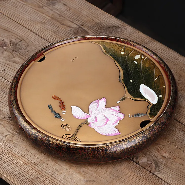京也手彩茶盘纯黄铜圆形干泡茶盘家用储水茶海茶台轻奢现代茶托盘