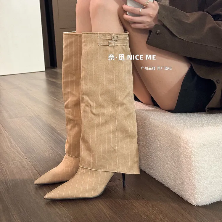 【新品7折】NICE ME~ 高智辣妹！高级尖头高跟裤管靴条纹时尚INS潮