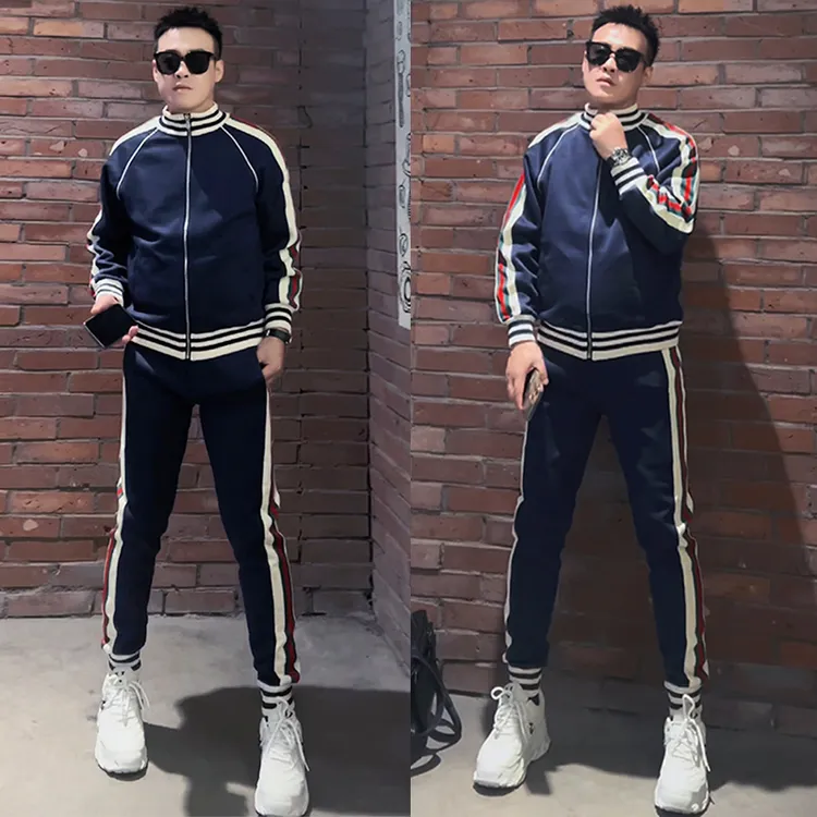 春秋新款撞色拼接休闲套装男士宽松百搭立领外套束脚运动裤两件套