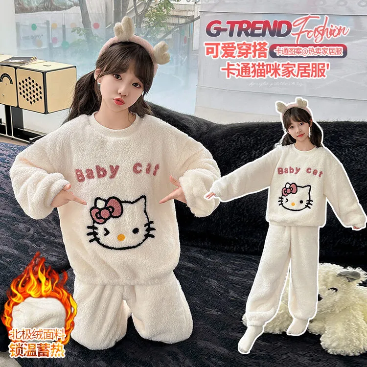 女童秋冬款保暖加绒卡通猫咪睡衣2024新款中大童5-12岁15岁家居服
