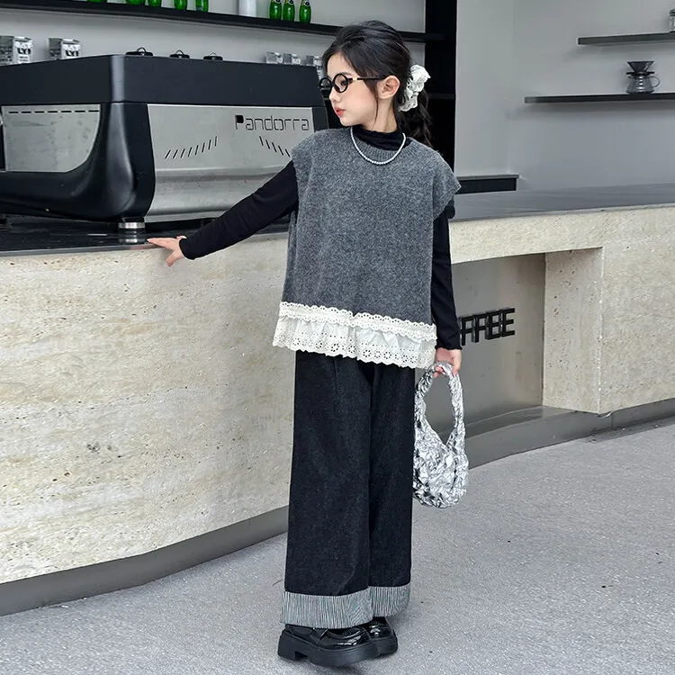 女童春秋款时尚休闲韩版毛衣马甲三件套2024新款5-12岁15岁牛仔裤