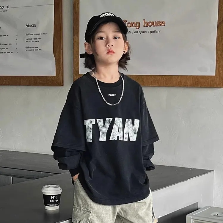 酷帅潮服男童hiphop炸街童装秋款长袖T恤中大儿童纯棉假两件上衣