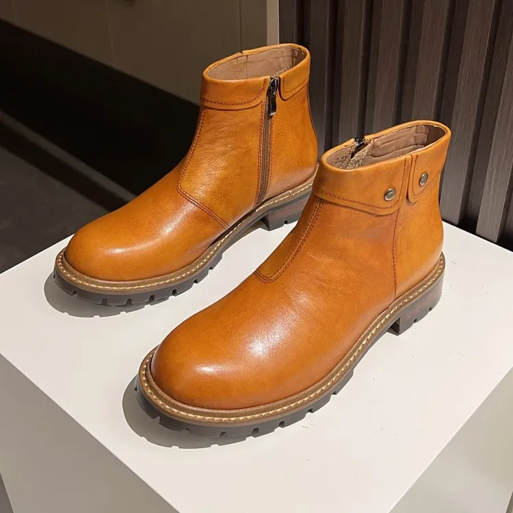 高档手工皮靴复古牛皮棕色商务正装切尔西靴男士英伦圆时尚KS8187