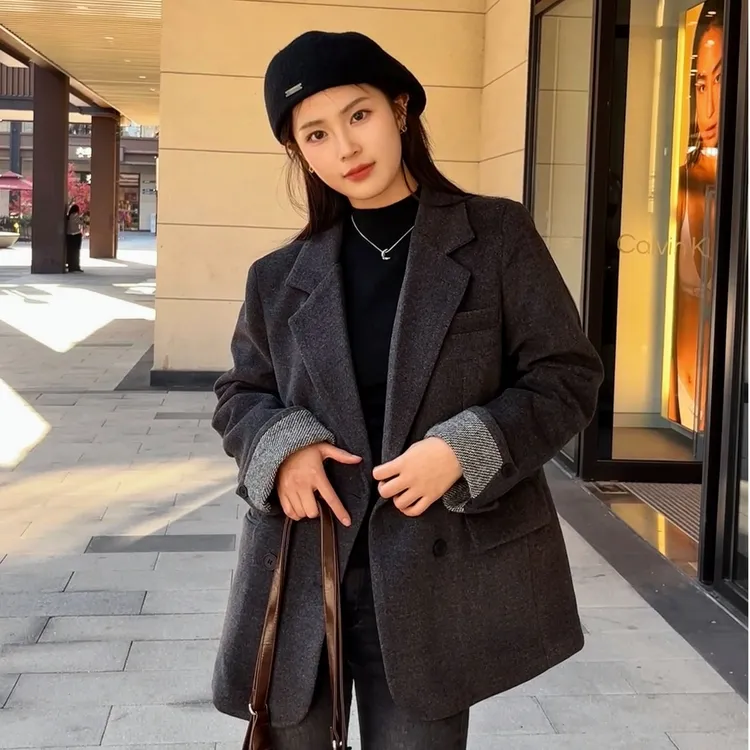 2025冬季新款韩版高级感西服毛呢外套女90羽绒西装西装外套女秋冬