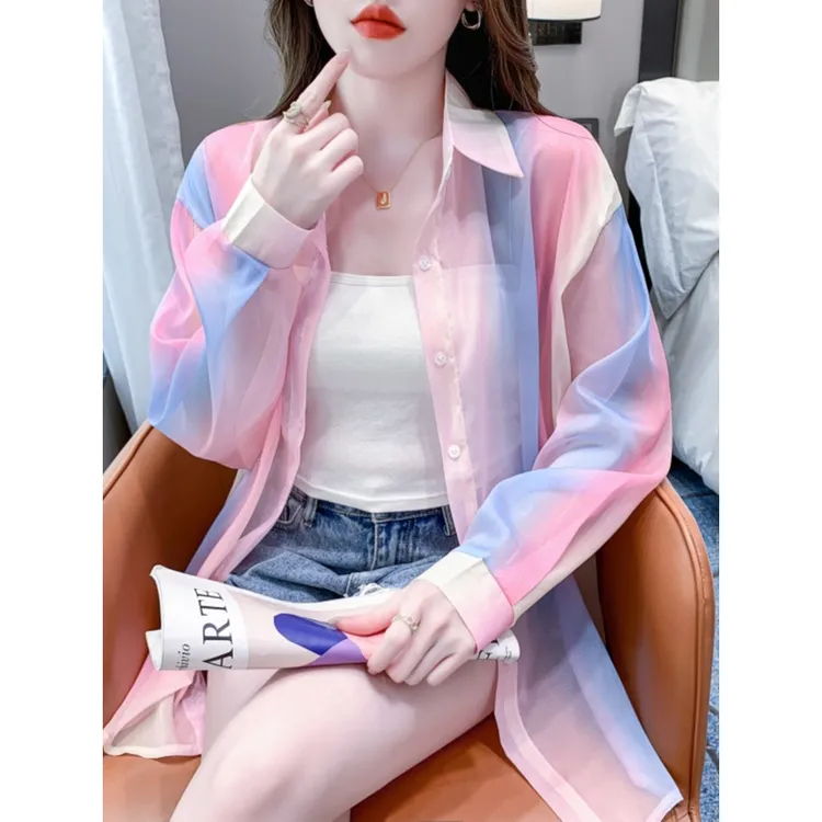 防晒衣女夏季2025新款薄款长袖彩虹衬衫时尚洋气外搭轻薄开衫外套