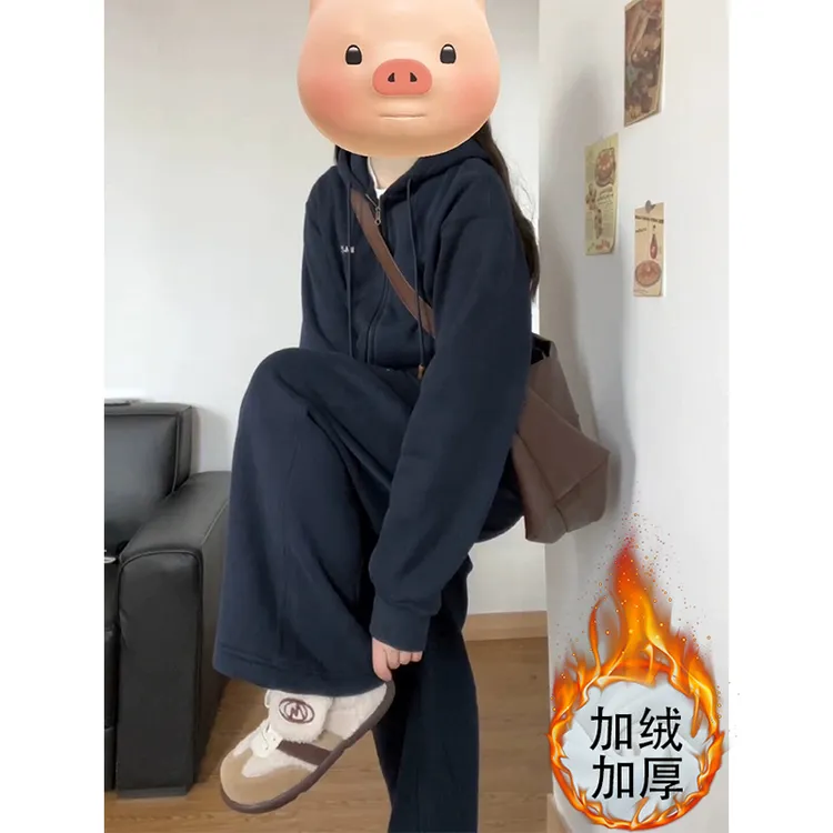 运动套装女秋冬季ins潮学生韩版宽松时尚加绒加厚卫衣休闲两件套