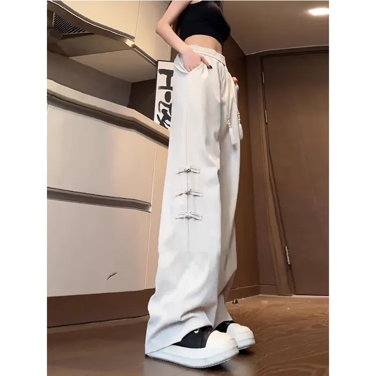 米白色新中式国风裤子禅意盘扣汉服女装显瘦冰丝西裤垂坠感冰丝裤