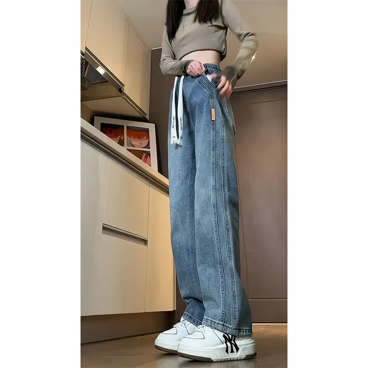 浅色牛仔裤女春秋2025新款松紧腰裤子宽松直筒大码显瘦复古长裤子