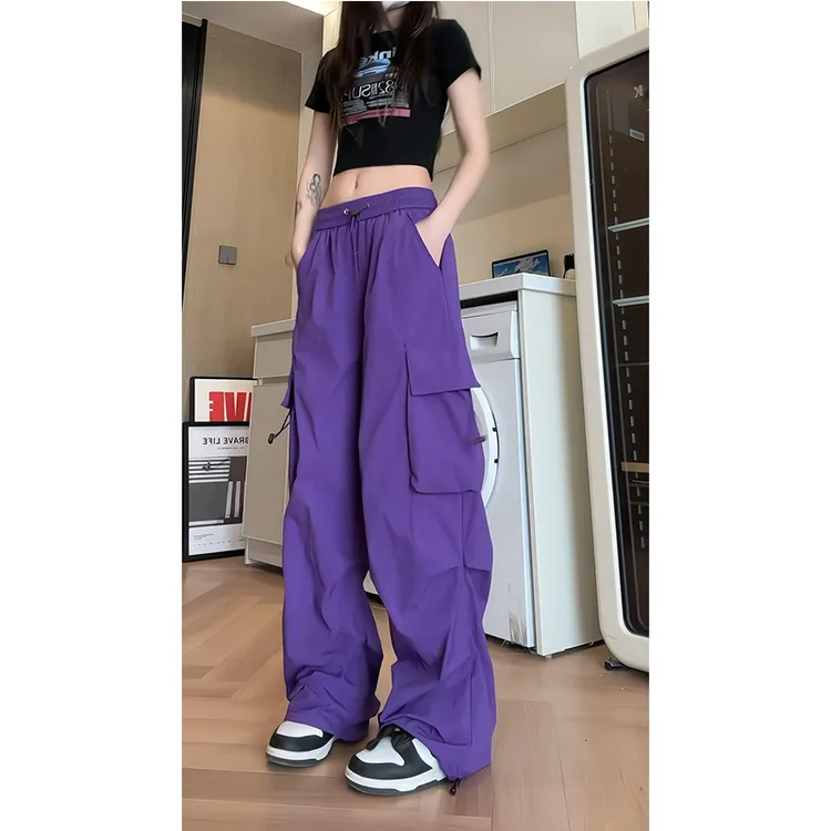 紫色冰丝裤子女夏季薄款宽松直筒大口袋美式高街阔腿降落伞兵裤子