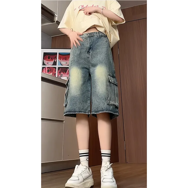 水洗复古蓝色牛仔短裤女夏季美式大口袋港风工装裤子过膝五分短裤