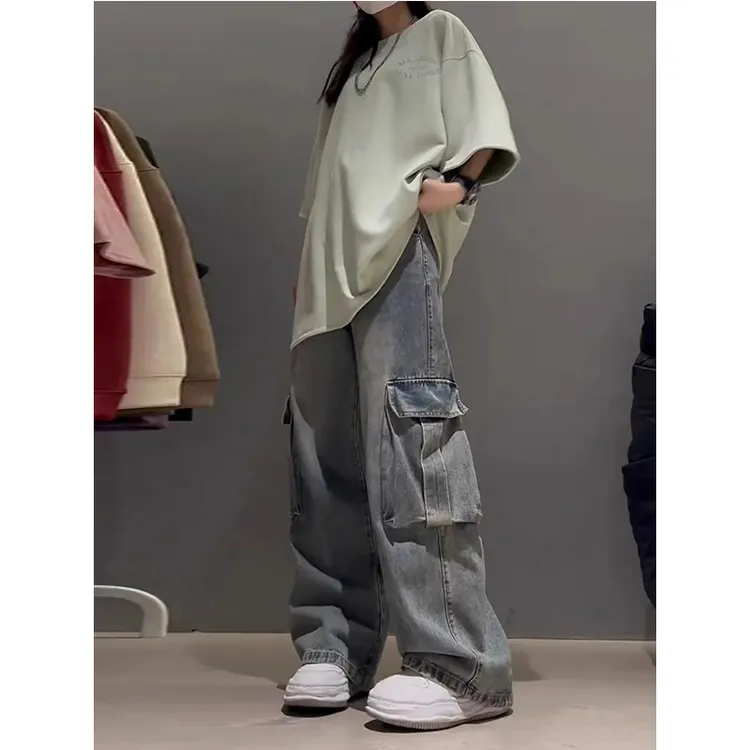 大口袋工装牛仔裤女款秋季美式复古hiphop裤子潮牌宽松直筒阔腿裤