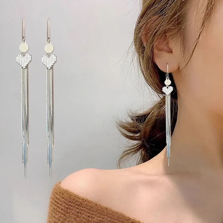 足银合成锆石耳饰 纯银流苏爱心耳环长款耳线女生小众新款防过敏