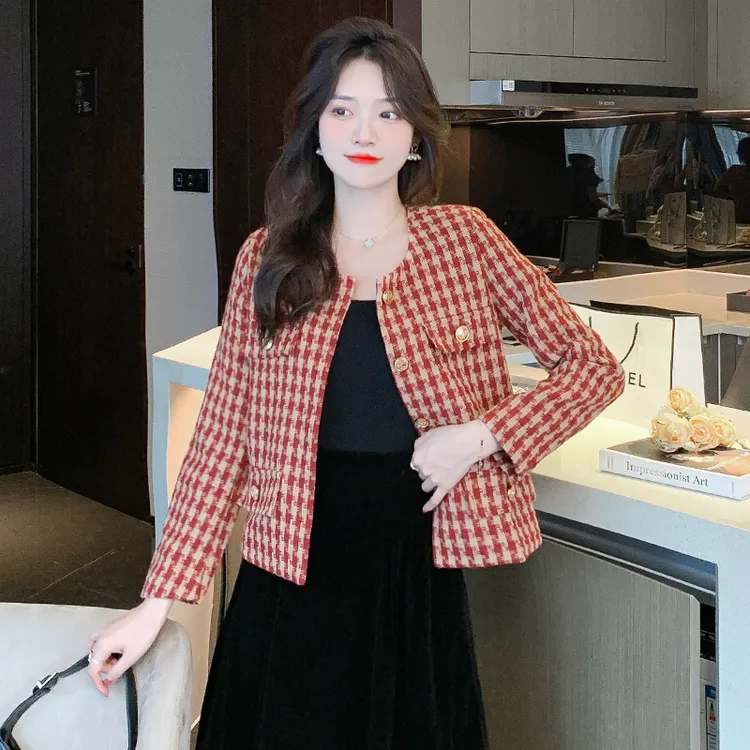 小香风外套女短款时尚气质英伦小个子韩版宽松格子百搭春秋毛呢
