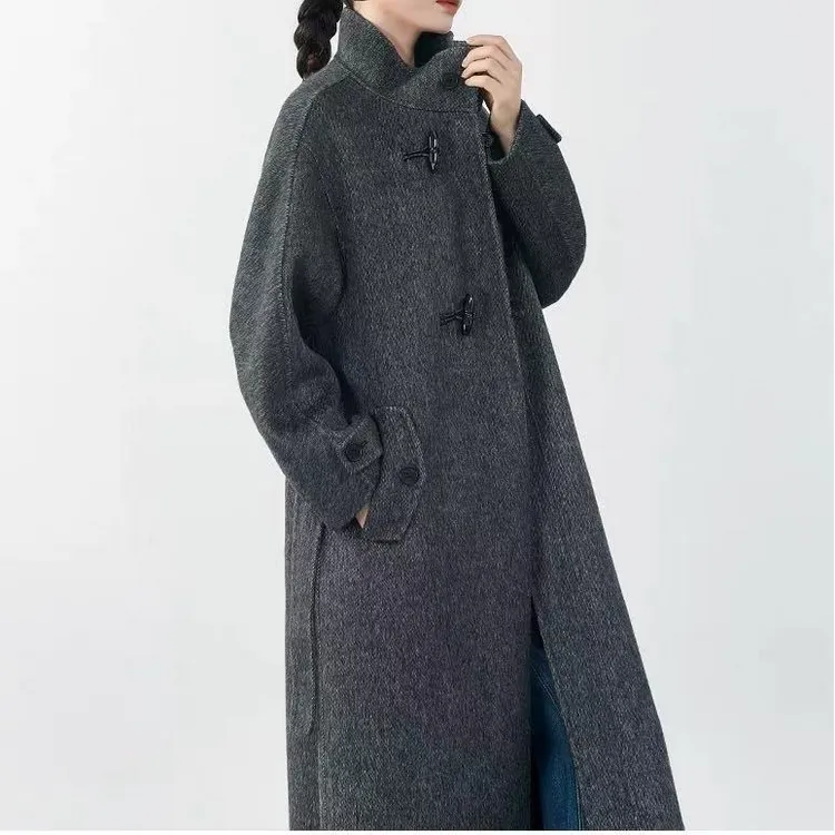1032大衣可立领时尚百搭长款毛呢外套韩版中长款双面TY24W087