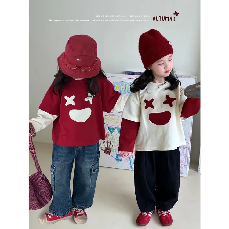 男女童假两件棉2025春秋季新款儿童时尚笑脸T恤宝宝宽松上衣