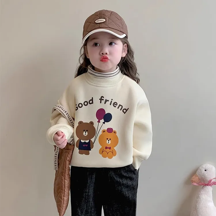 女童加绒卫衣秋冬款2024新款儿童冬季假两件女宝宝冬装半高领上衣