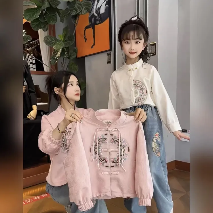 新款女童中国风新中式刺绣外套儿童春秋中大童洋气时髦潮款亲子装