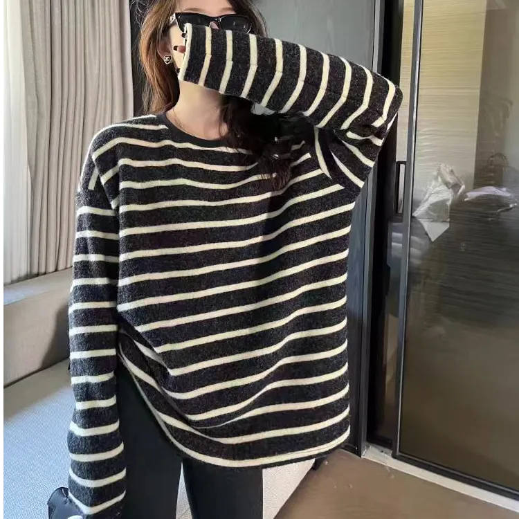 绒绒澳绒加厚慵懒宽松显瘦衣服条纹打底衫女款2025冬季新款洋气