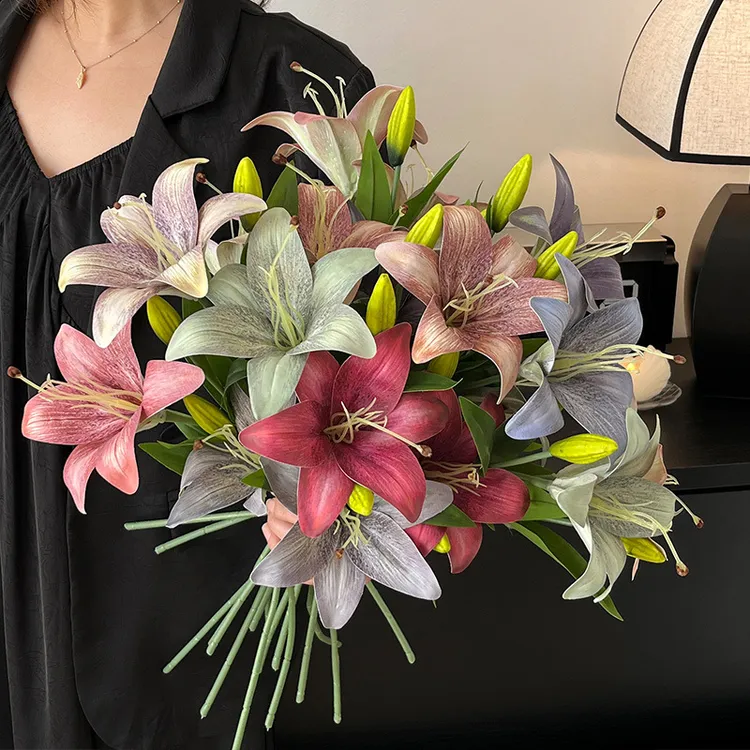 3D胶片2头秋色复古油画百合仿真花 假花花材摆设北欧简约家居装饰