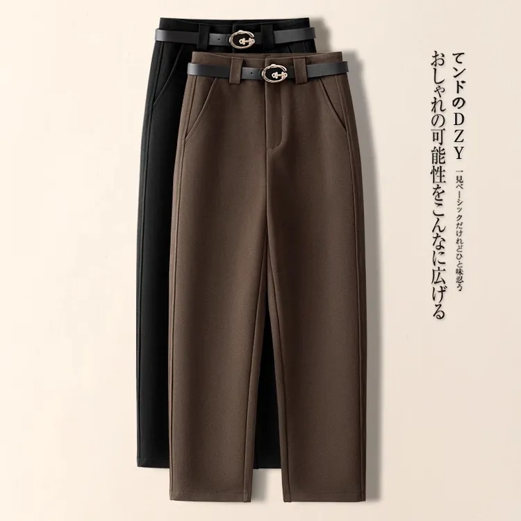 咖色毛呢直筒裤女2025新款春秋高腰显瘦休闲小脚哈伦裤九分烟管裤