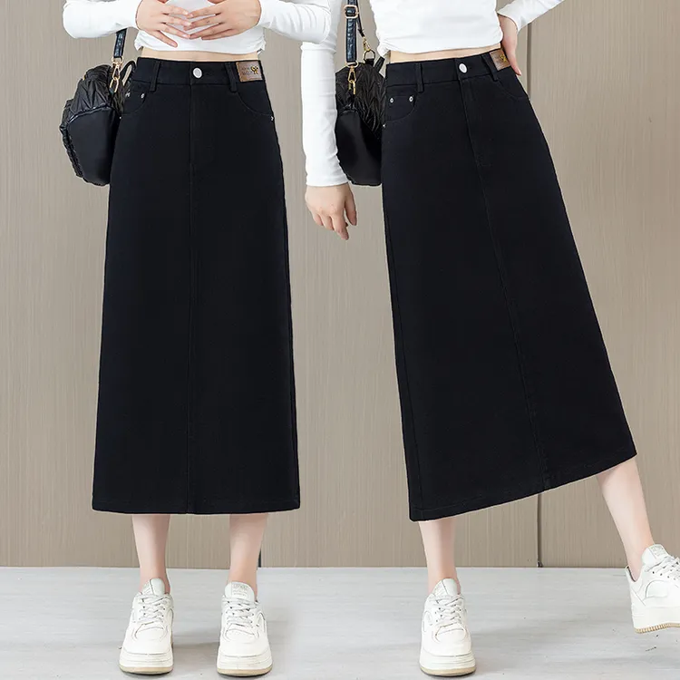 黑色开叉牛仔半身裙女春秋季2025新款高腰a字裙复古中长款包臀裙