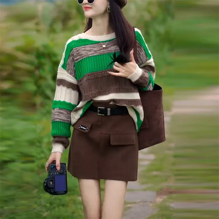 韩版森系时尚撞色宽松长袖针织衫高腰a版短裙女秋季新款百搭套装