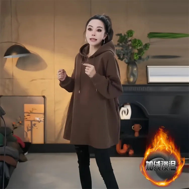 法式时尚连帽绑带收腰设计上衣女2025冬季新款气质感加绒加厚卫衣