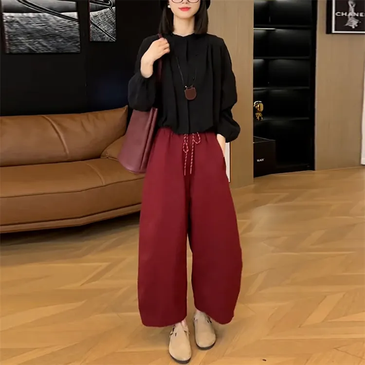 秋季新款时尚套装女显瘦高腰红色阔腿裤时尚休闲宽松别致漂亮小衫