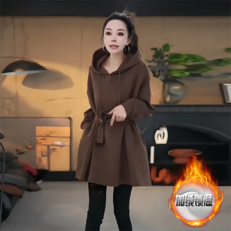 今年流行气质连帽卫衣女秋季新款加绒加厚保暖显瘦收腰中长款上衣