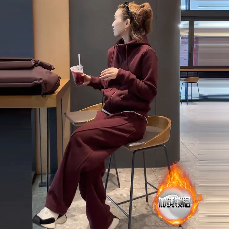 韩版纯色加绒加厚女装2025春秋新款连帽卫衣遮肉显瘦阔腿裤两件套