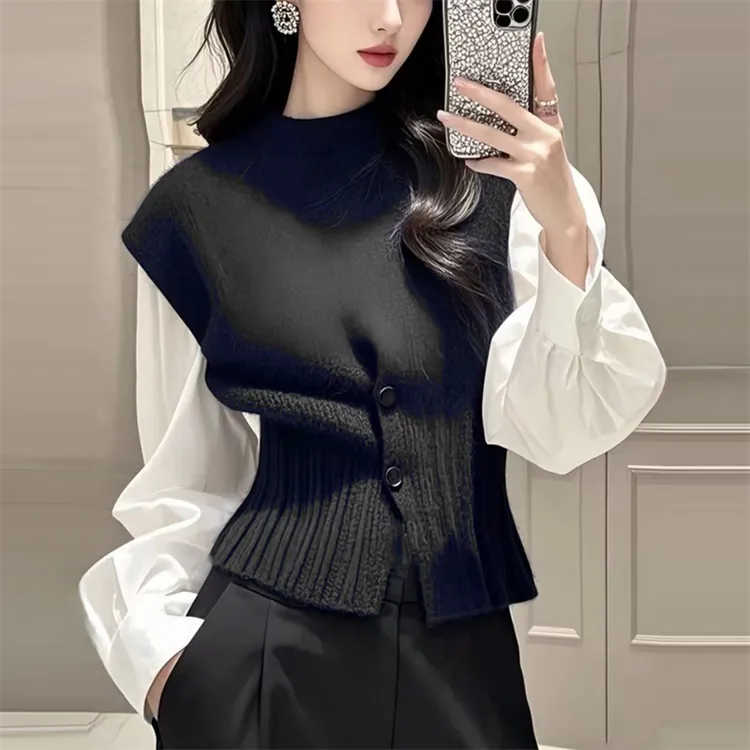 韩系高级感假两件针织衫女2025秋季新款显瘦设计感拼接衬衫袖上衣