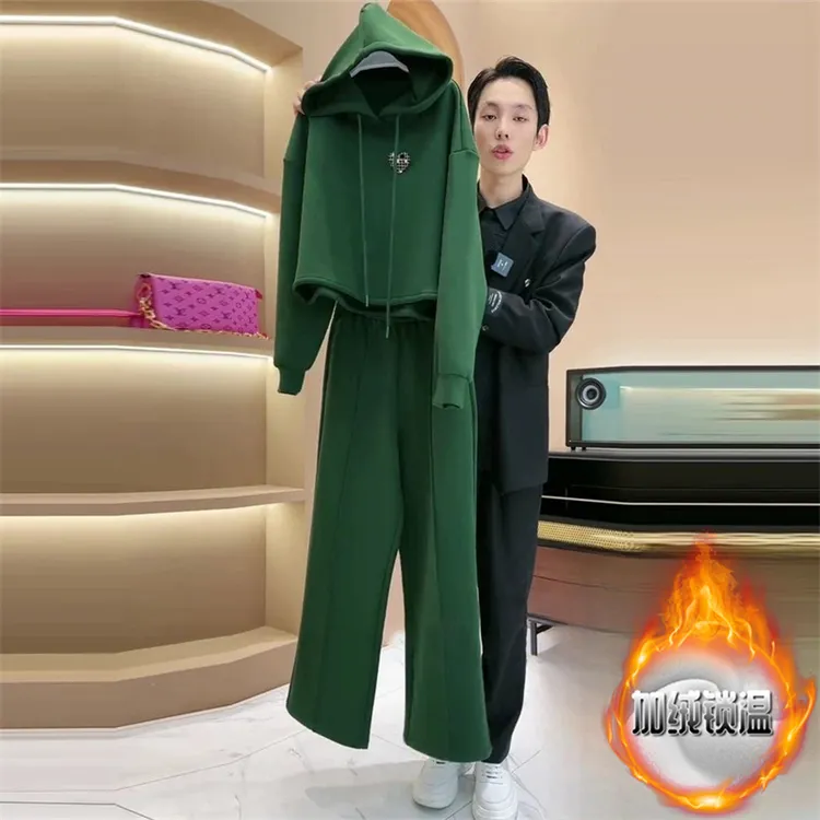 时尚感纯色加绒加厚连帽卫衣休闲裤套装女2025冬季新款保暖两件套