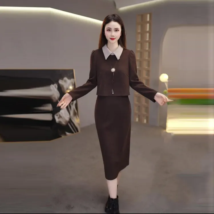 韩系百搭显瘦套装女2025秋季新款休闲纯色假两件上衣半身裙两件套