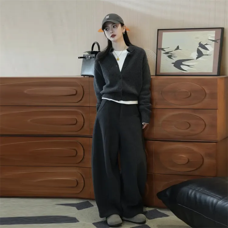 今年流行纯色针织衫阔腿裤套装女2025秋季新款宽松显瘦小众两件套