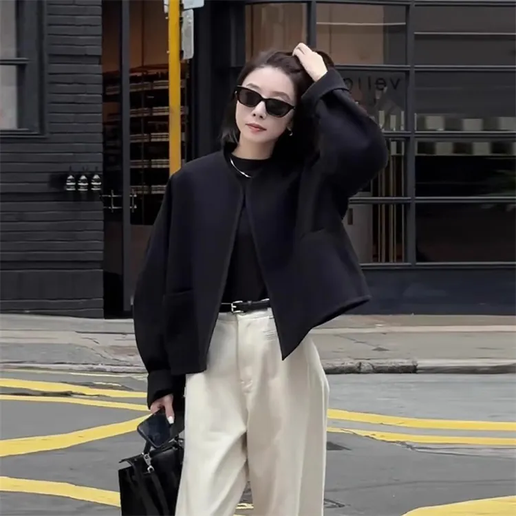 韩系极简黑色开衫外套女2025秋季新款v领宽松百搭高级感通勤上衣