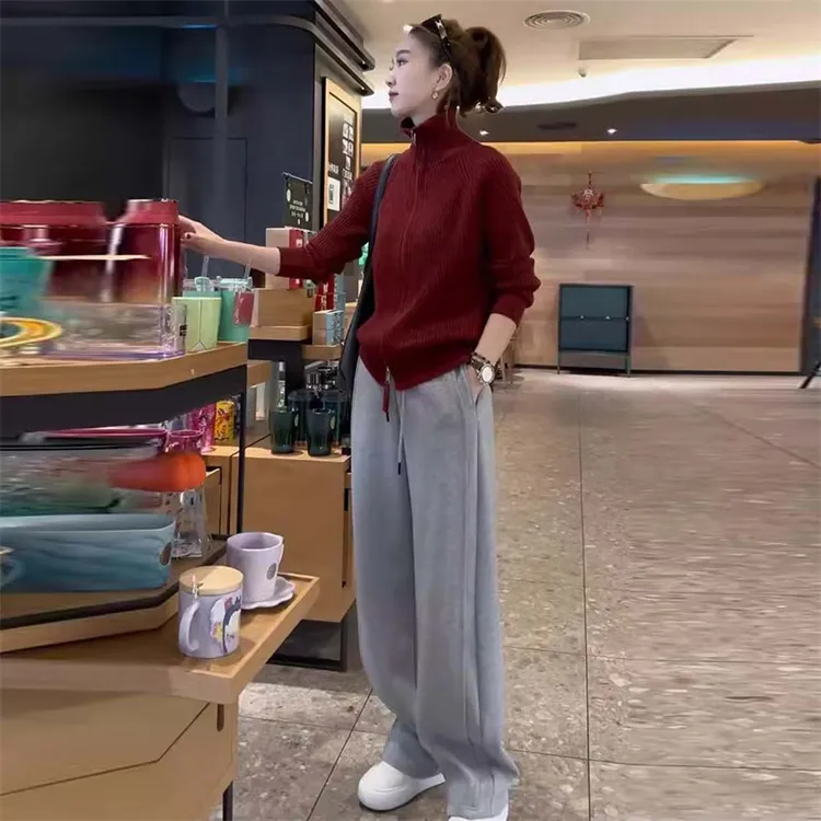 拉链时尚高领毛衣外套休闲阔腿遮肉卫裤女2025秋季新款气质两件套