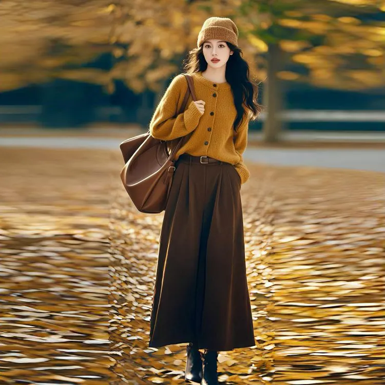韩系复古风纯色百搭一整套女2025秋季新款针织开衫高腰半身裙套装