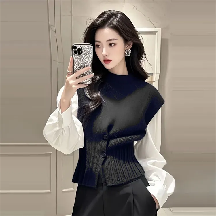 韩系温柔显瘦气质假两件针织衫2025秋冬新款通勤小众设计简约上衣