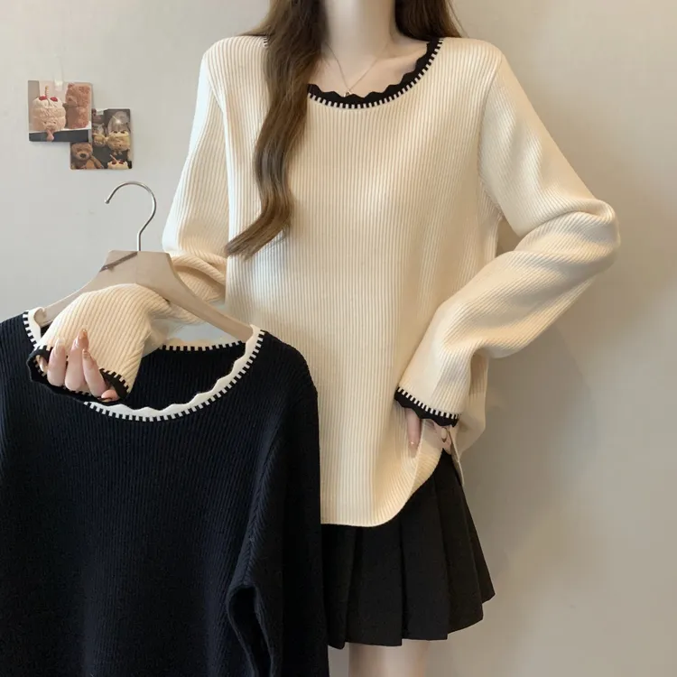 孕妇秋装设计感撞色花边长袖针织衫毛衣秋冬季宽松遮肚打底衫上衣