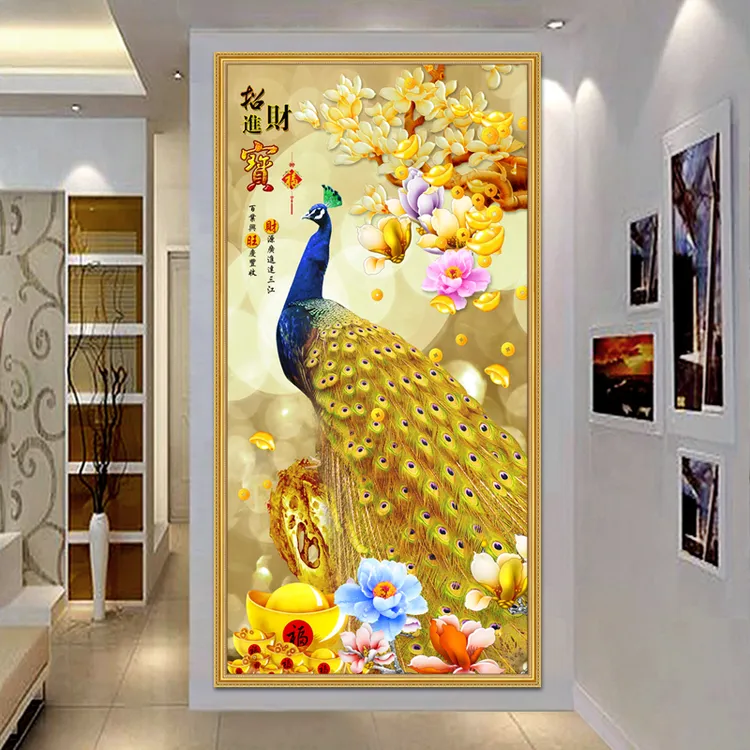 玄关装饰画孔雀自粘贴画入户墙画客厅卧室新中式挂画走廊过道壁画