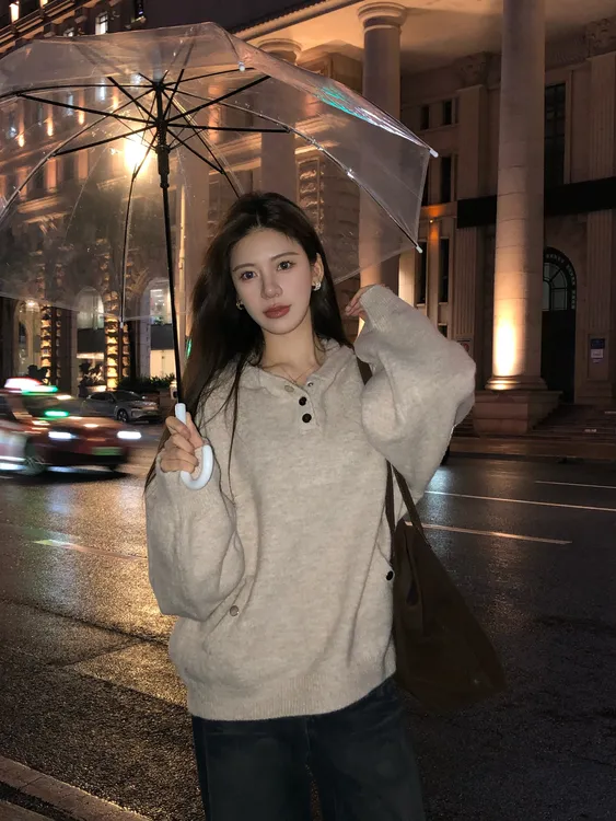 【禾呈】 秋冬套头高密针织连帽毛衣女冬季情侣款连帽针织毛衣10028
