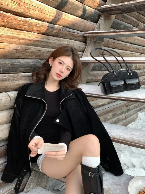 【禾呈】麂皮加厚加棉黑色短外套女25秋冬短款百搭夹克外套10024