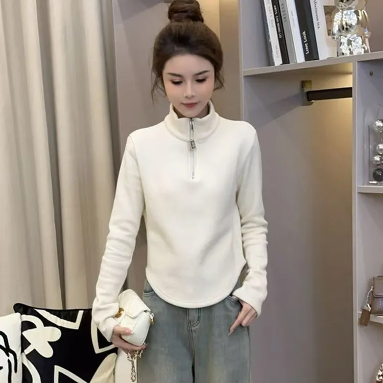 气质拉链半高领德绒打底衫女春秋修身百搭设计感上衣通勤长袖t恤