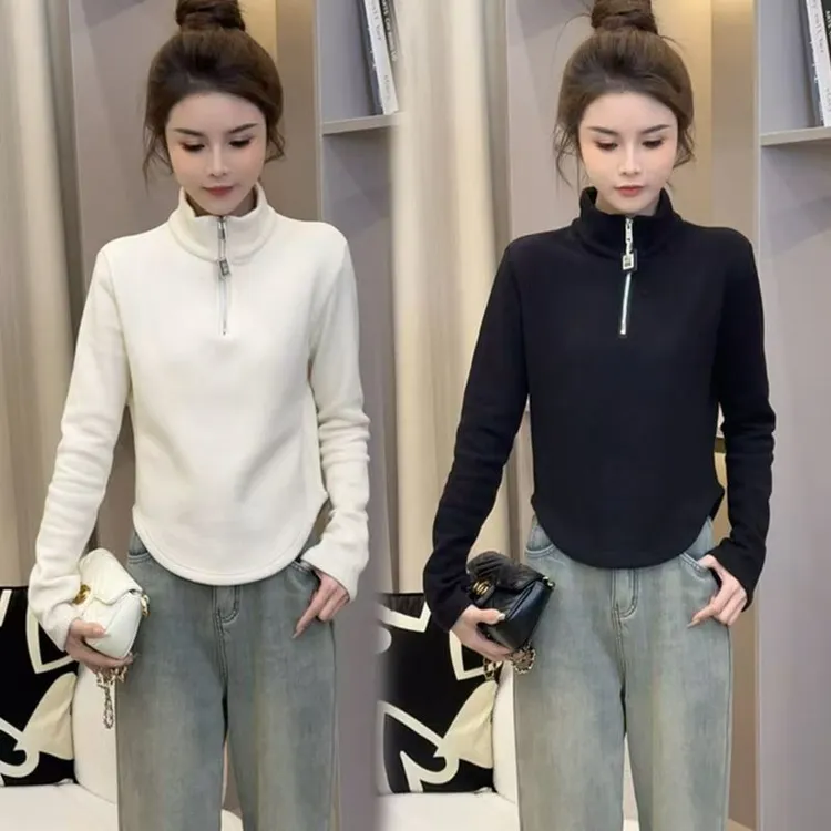 气质拉链半高领德绒打底衫女春秋修身百搭设计感上衣通勤长袖t恤
