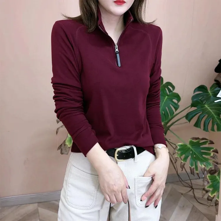 2025秋冬季新品时尚双面德绒打底衫长袖T恤纯色立领女士减龄上衣